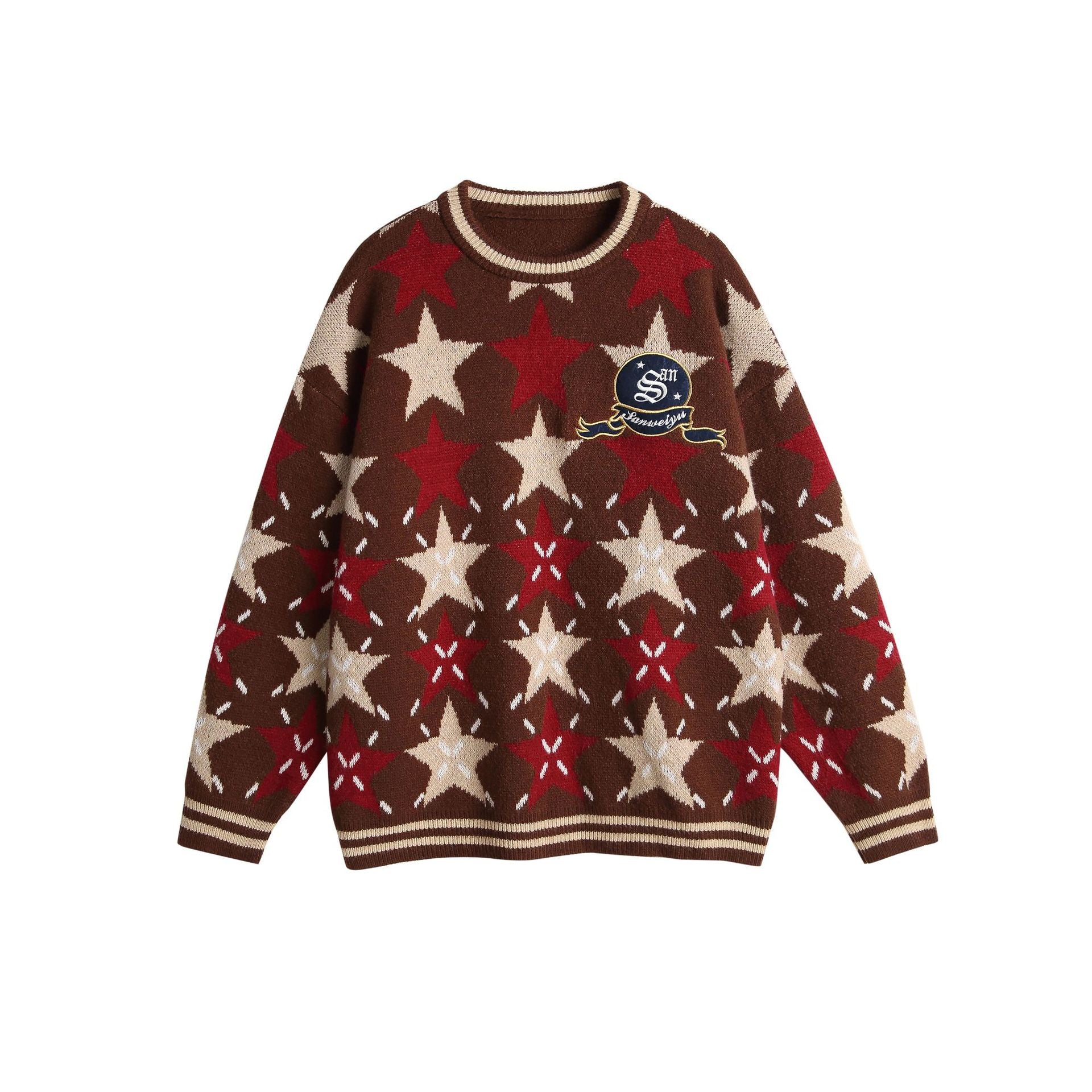 Unisex Chunky Knit Oversized Sweater with Star Intarsia and Embroidered Logo Patch Chichicherry