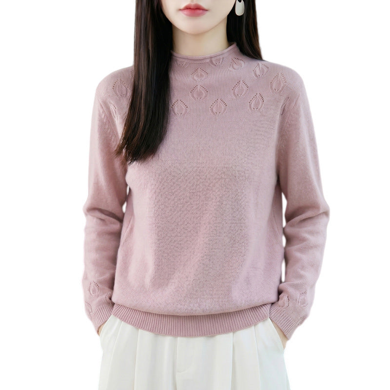 Ladies short roll-neck pullover made of fine knit with lace yoke and ribbed hem Chichicherry