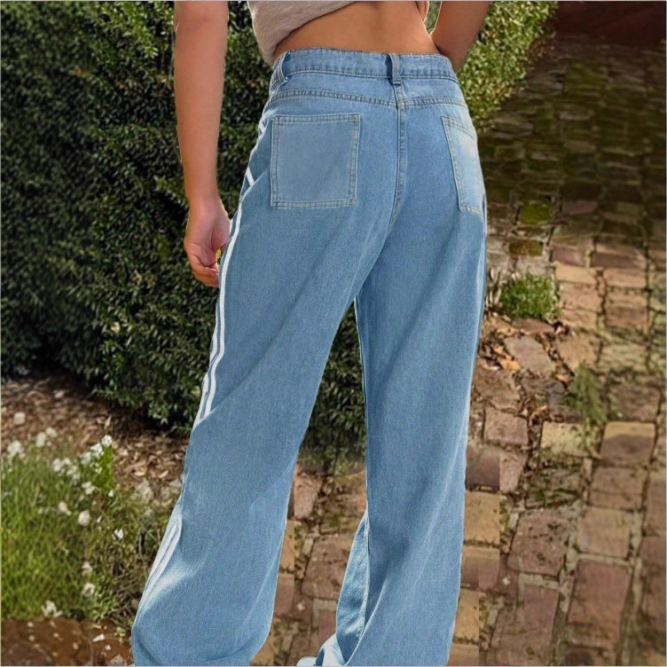 Women's wide High-Waist denim jeans with side contrast stripe Chichicherry