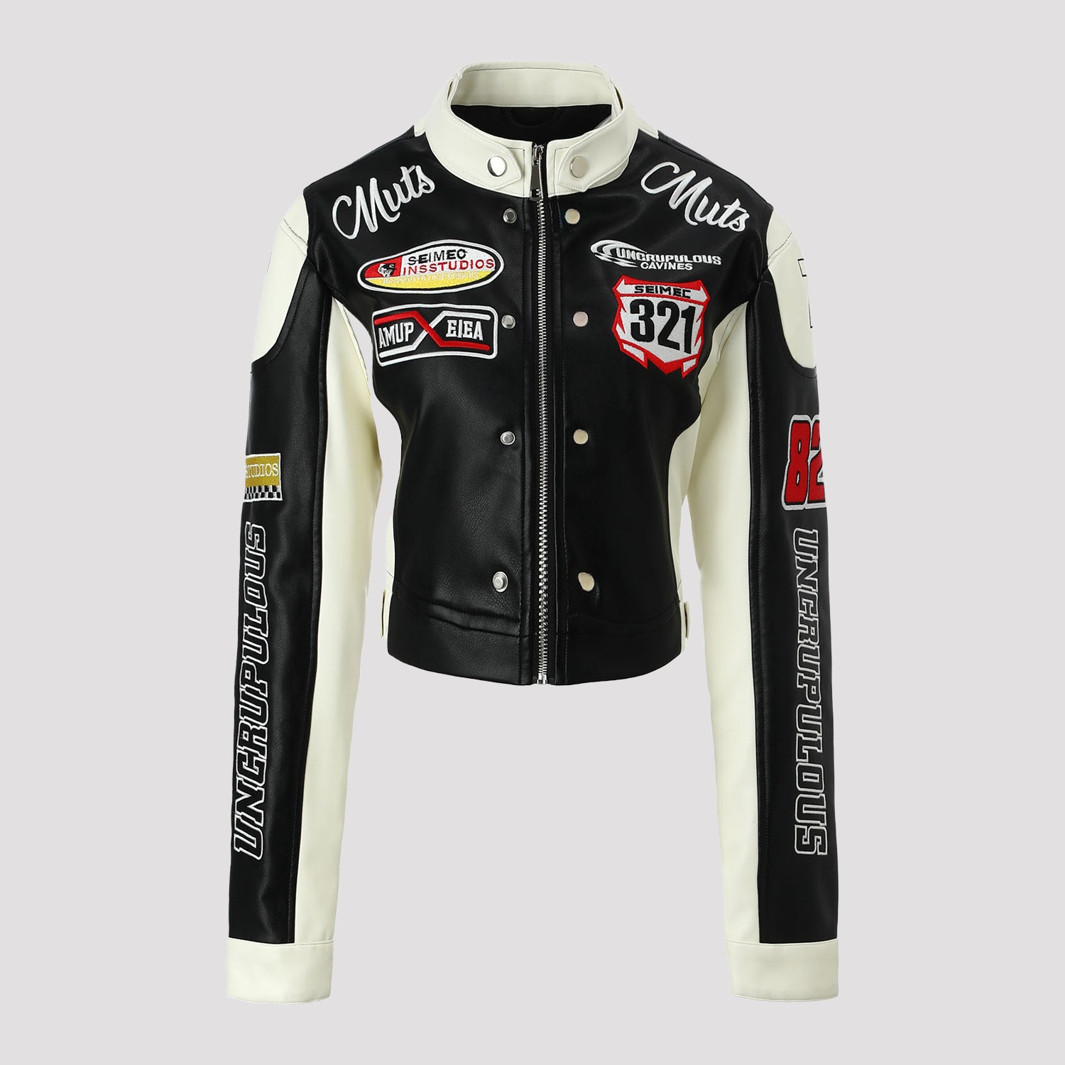 Women's Biker Jacket in Racing Look with Embroidered Patches and Contrasting Sleeves Chichicherry