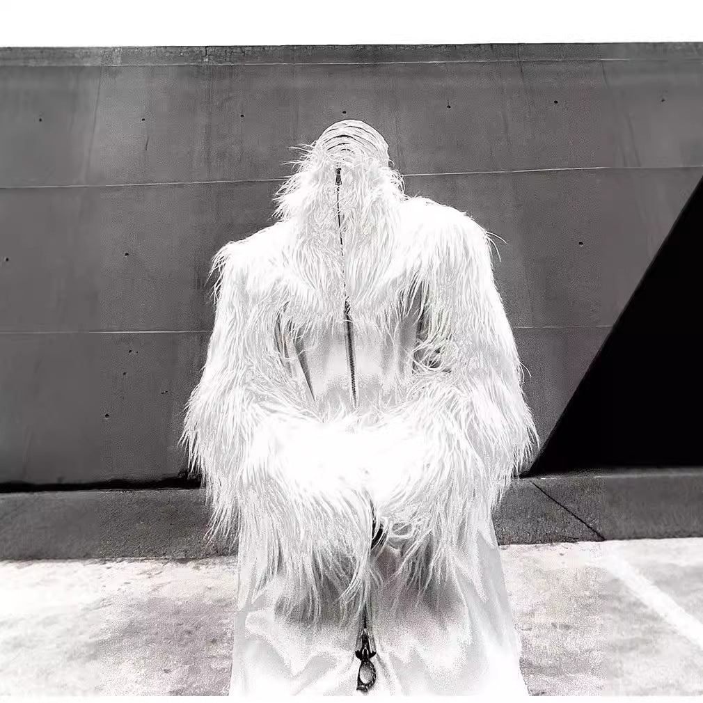 Men's Statement Faux Fur Jacket with Long Shaggy Sleeves and Asymmetrical Zipper Chichicherry