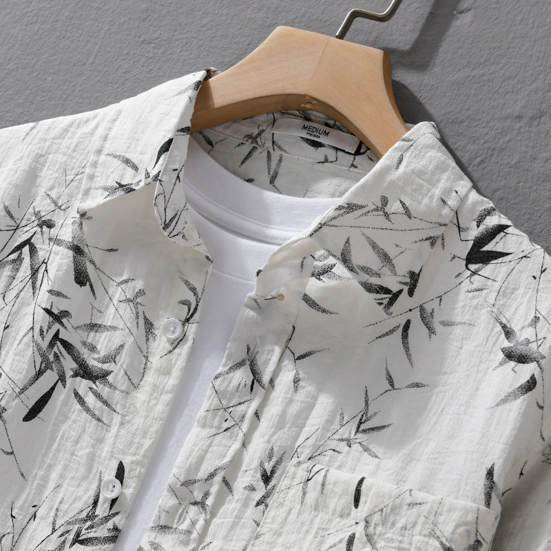 Men's Breathable Linen-Cotton Shirt with Botanical Brush Print and Kent Collar Chichicherry