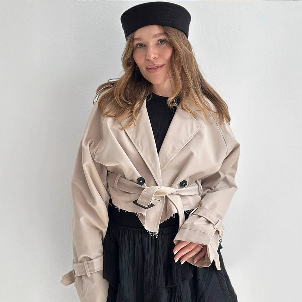 Women Short-Cut Trench-Cropped Coat with Waistbelt, Oversized Sleeves and Frayed Hem Chichicherry