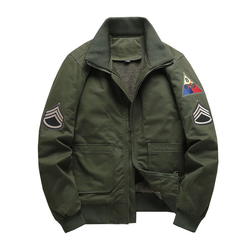 Men's Flight Jacket with Sherpa Lining, Embroidered Patch Details, and Ribbed Hem Chichicherry