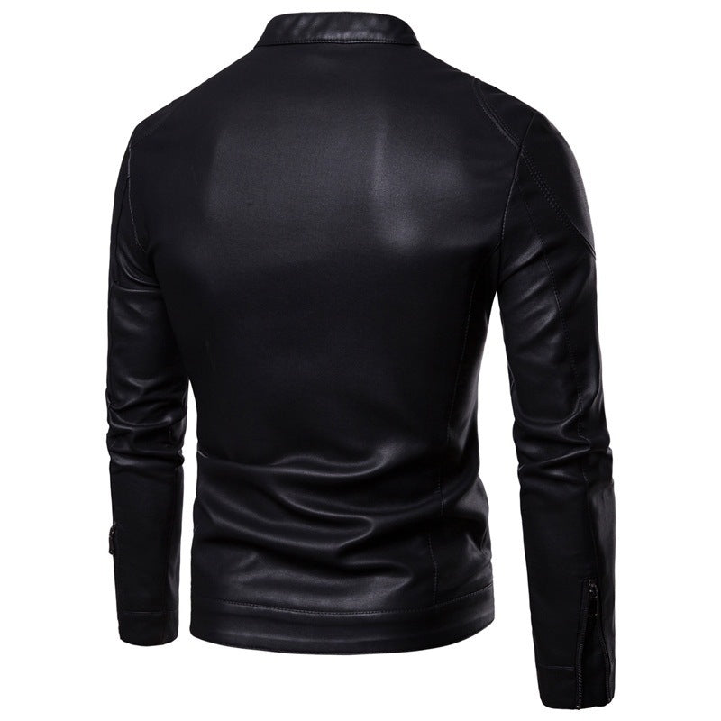 Men's Slim-Fit Faux Leather Motorcycle Jacket with Stand Collar and Ergonomic Shoulder Padding Chichicherry