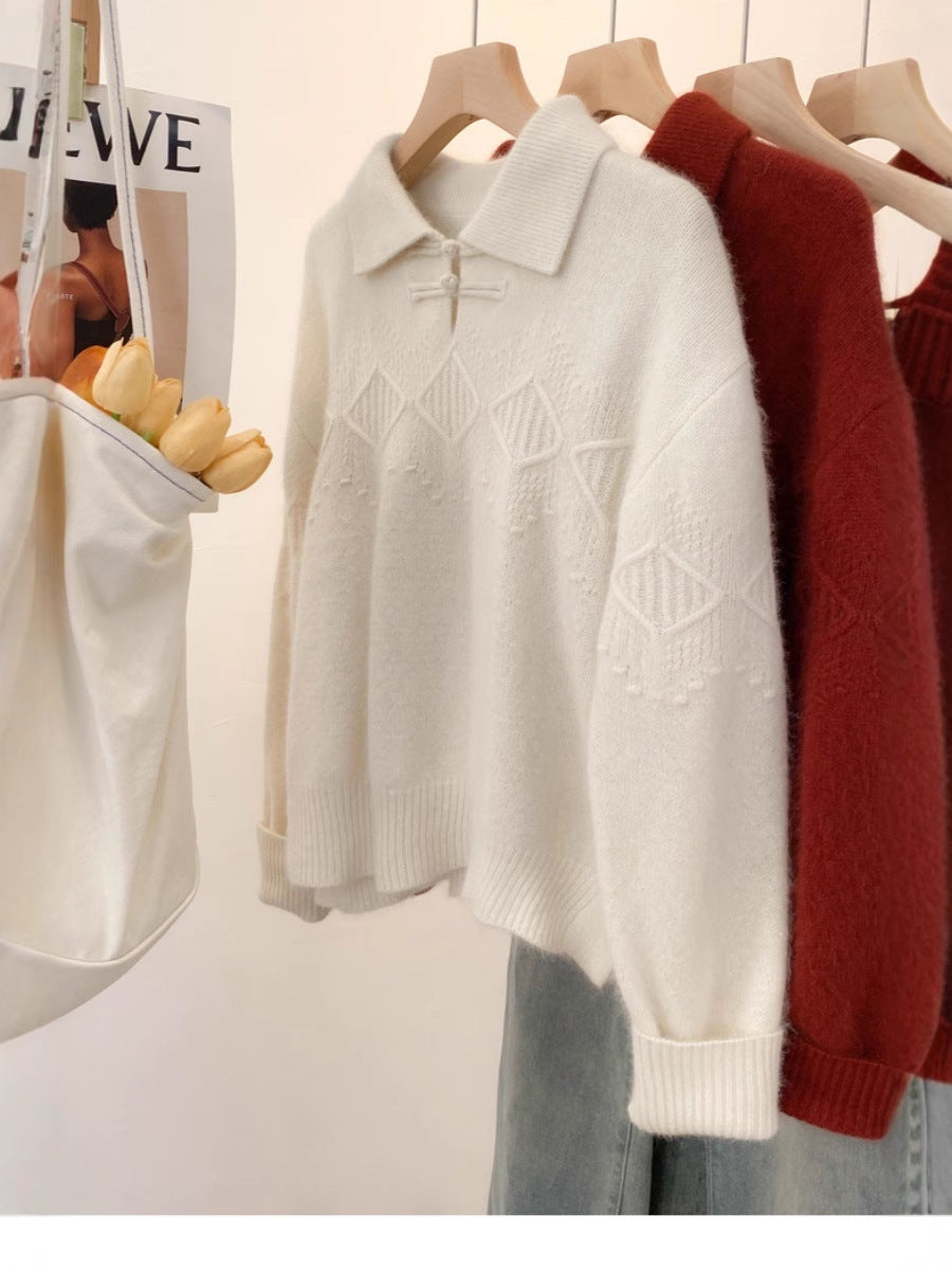 Women's polo collar sweater in mohair look with ajour cable pattern, dropped shoulders and loose silhouette Chichicherry