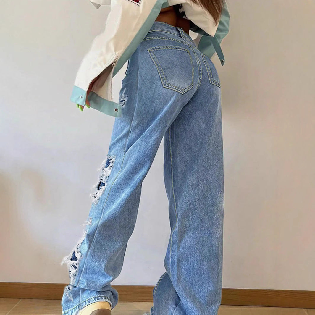 Ladies wide Destroyed jeans with side cutouts and contrasting underlays Chichicherry