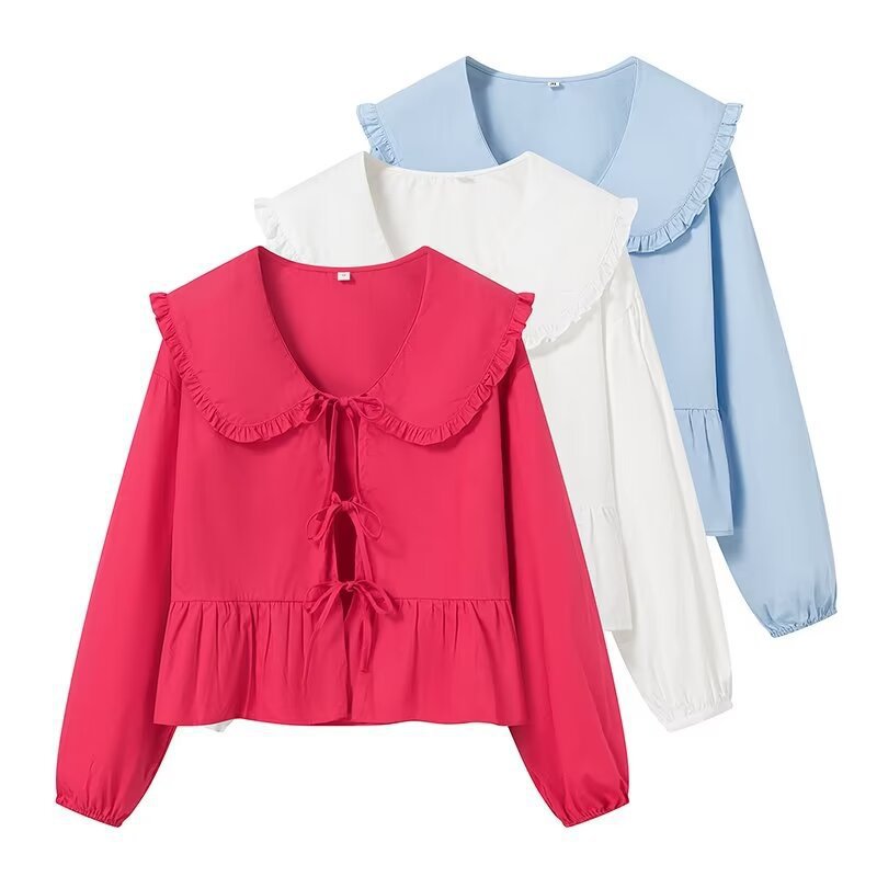 Women's Ruffled Cropped Blouse with Oversized Collar, Ties and Fitted Peplum Chichicherry