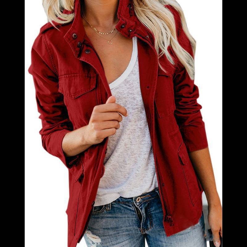 Women’s utility field jacket with stand-up collar, patch pockets and waist drawstring Chichicherry