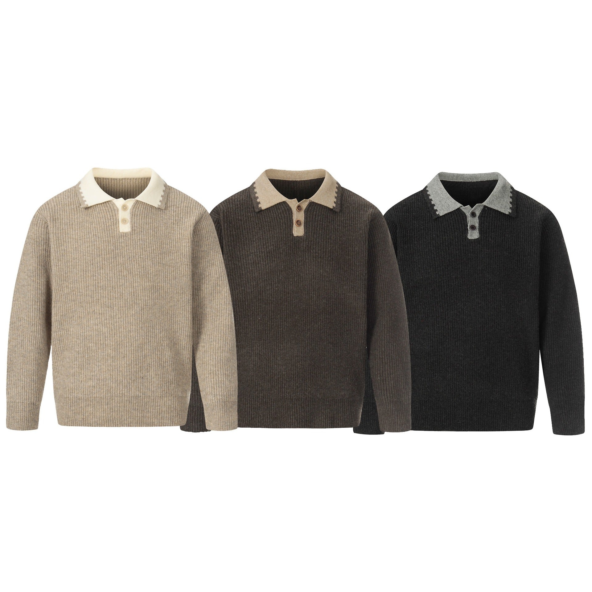Men's chunky knit polo sweater with contrast collar and half-button placket Chichicherry