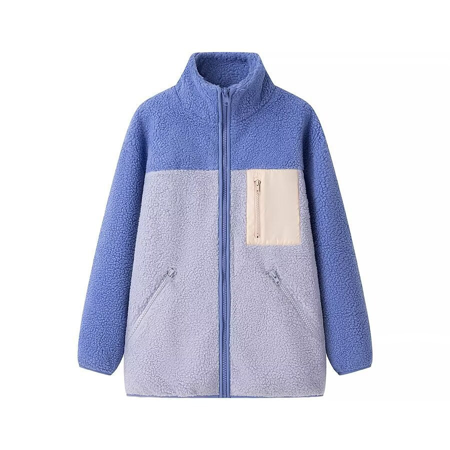 Women's Oversize Teddy-Fleece Jacket with Stand-Up Collar, Zipper Pockets and Nylon Chest Pocket Chichicherry