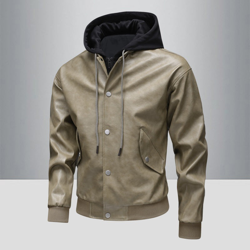 Men's leather bomber jacket with integrated hood insert and ribbed cuffs Chichicherry