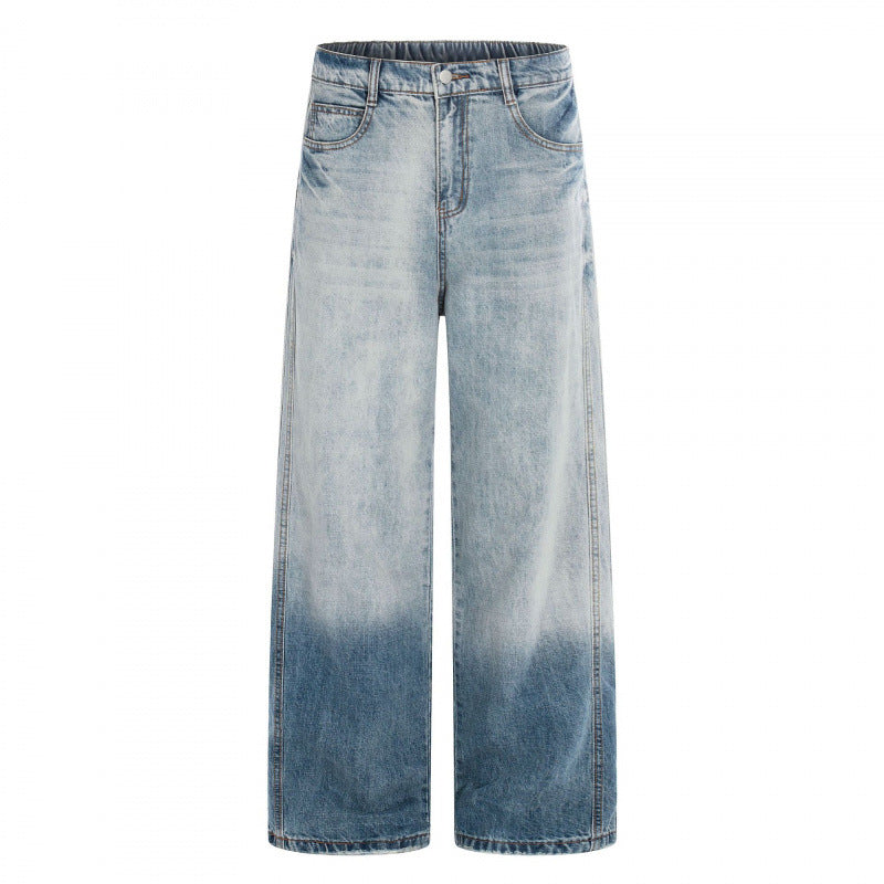 Women's Wide High-Waist Denim Jeans with Ombre Hem and Elastic Back Chichicherry