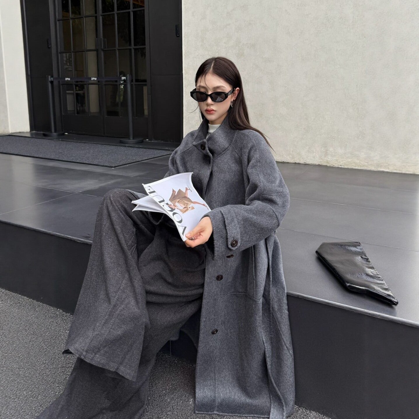 Women's Oversized Wool Coat with Stand-Up Collar and Large Flap Pockets Chichicherry