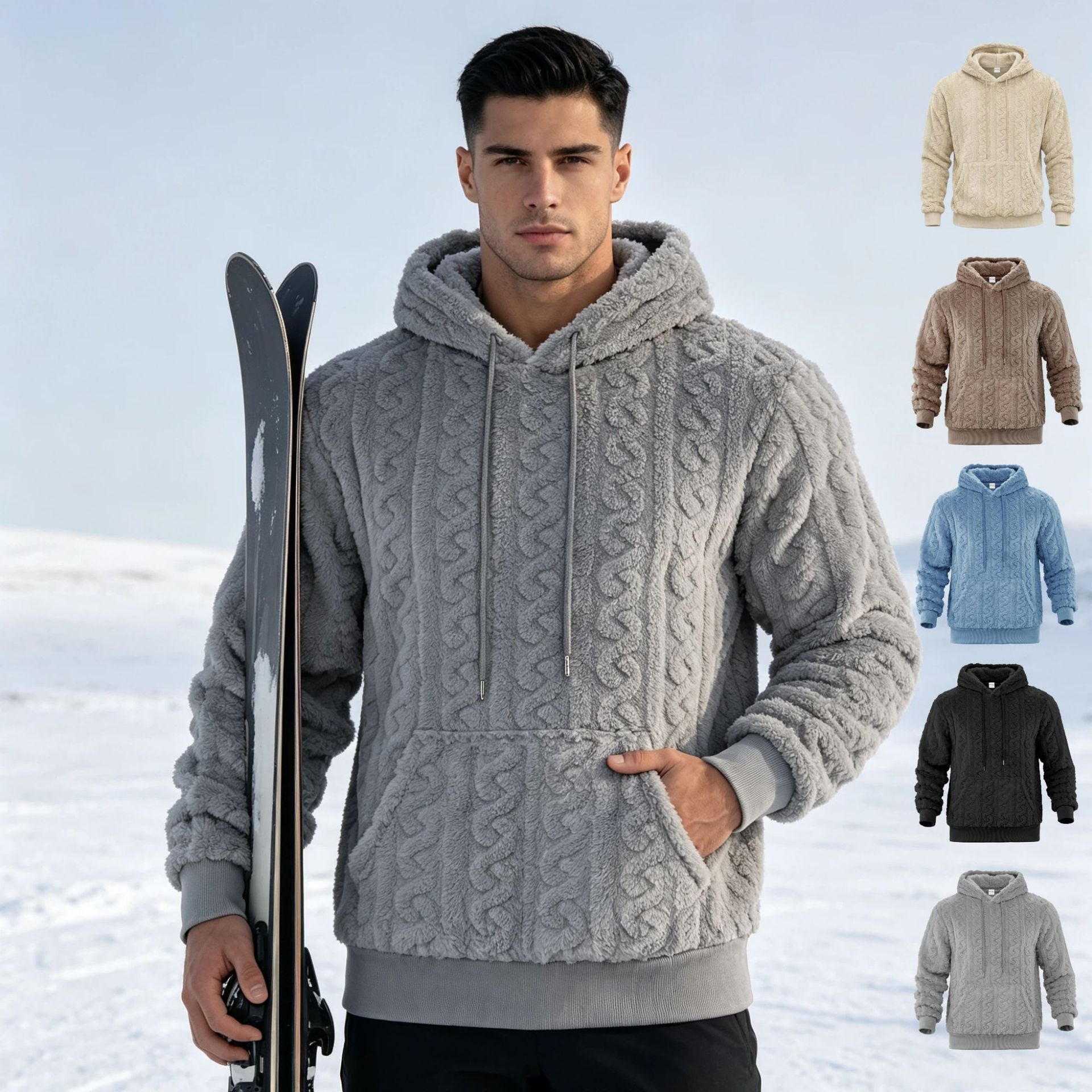 Men's Sherpa Hoodie with Cable Knit Pattern, Kangaroo Pocket and Ribbed Cuffs Chichicherry