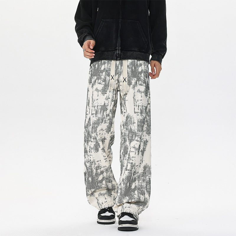 Men's Wide Cut Lounge Pants with Abstract Allover Print, Elastic Waistband and Drawstring Chichicherry