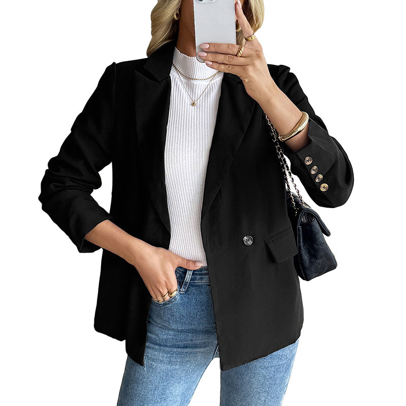 Women Figure-flattering Long Blazer with inset button, rolled sleeves and flap pockets Chichicherry