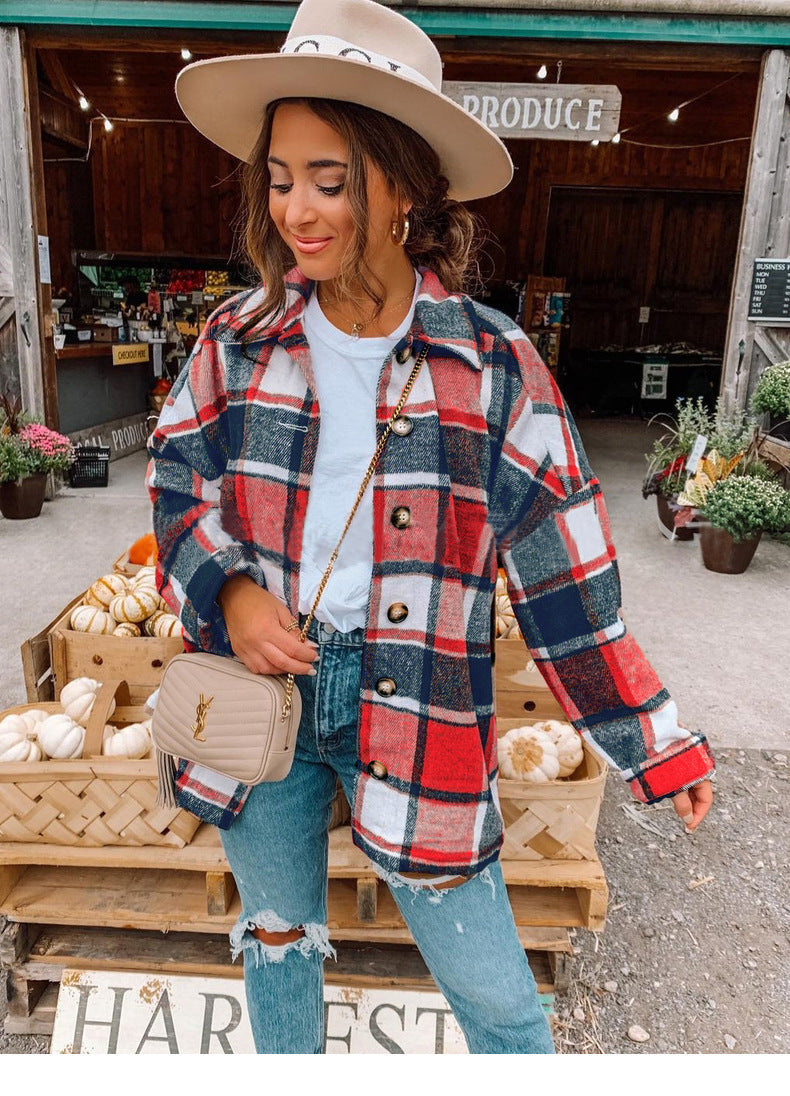 Damen Oversized Kariertes Flanell‑Shacket mit Brusttaschen und Holzknöpfen Chichicherry