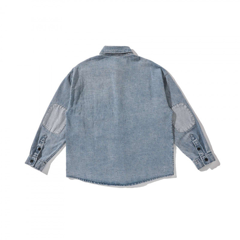 Unisex Boxy Oversized Denim Shirt Jacket with Chest Pocket and Distressed Look Chichicherry