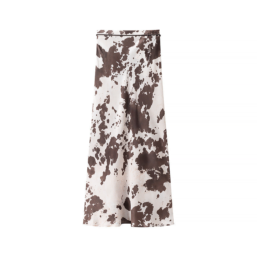 Women's maxi skirt with cow spots pattern, A-line and fine waist band Chichicherry