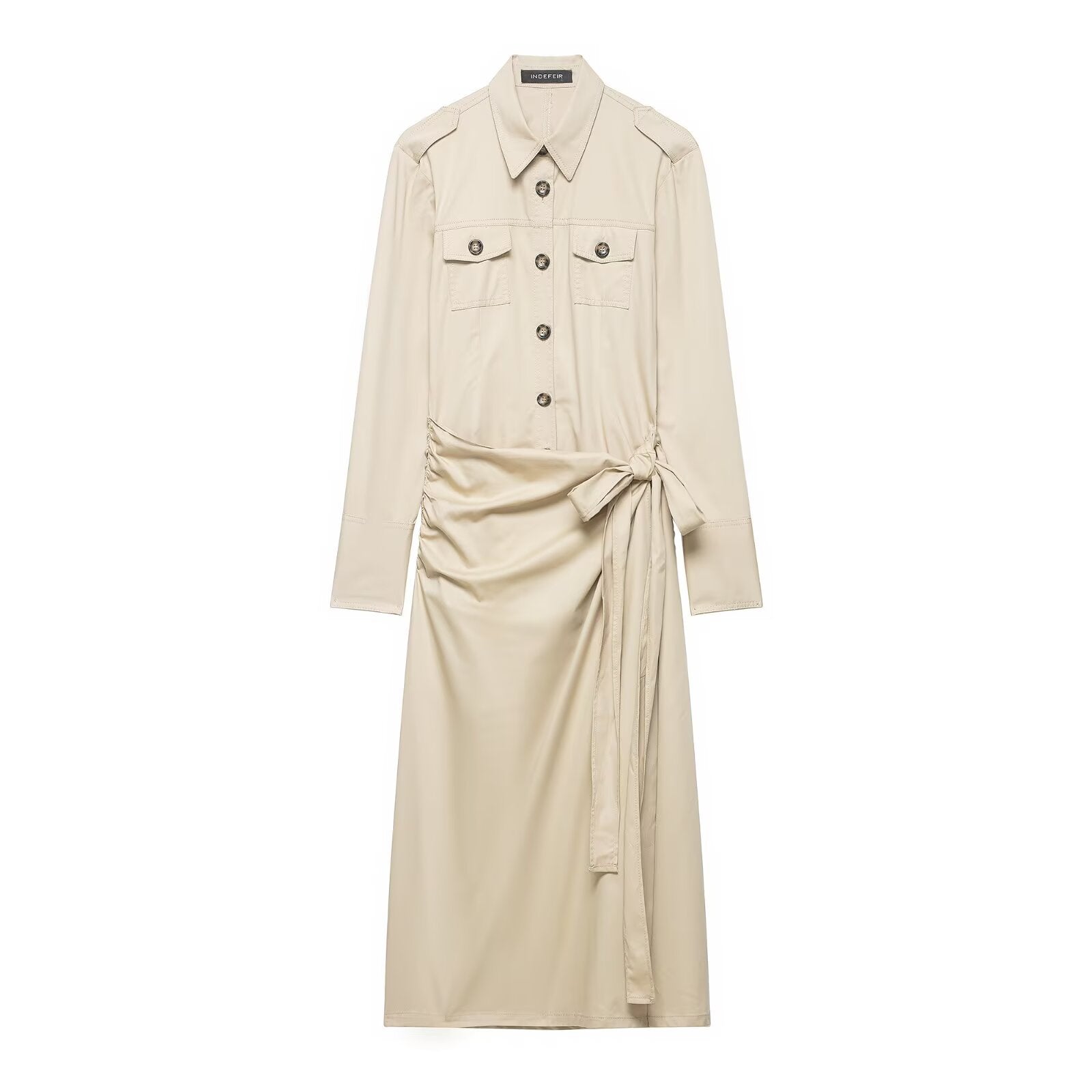 Ladies' shirt dress with knot tie belt, flap pockets and slim waist Chichicherry
