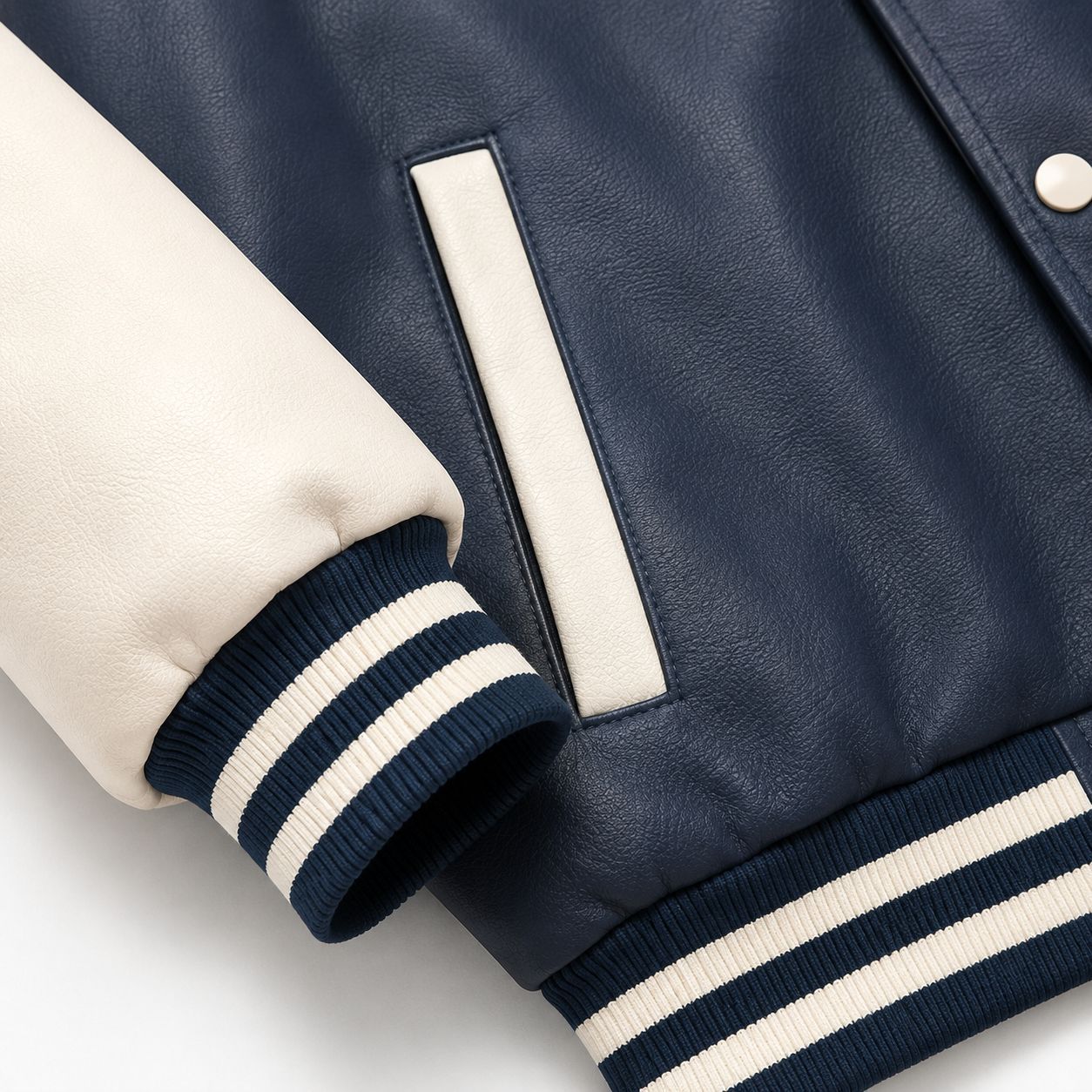 Men's college jacket in letterman style with faux leather body, contrast sleeves, and chenille patches Chichicherry