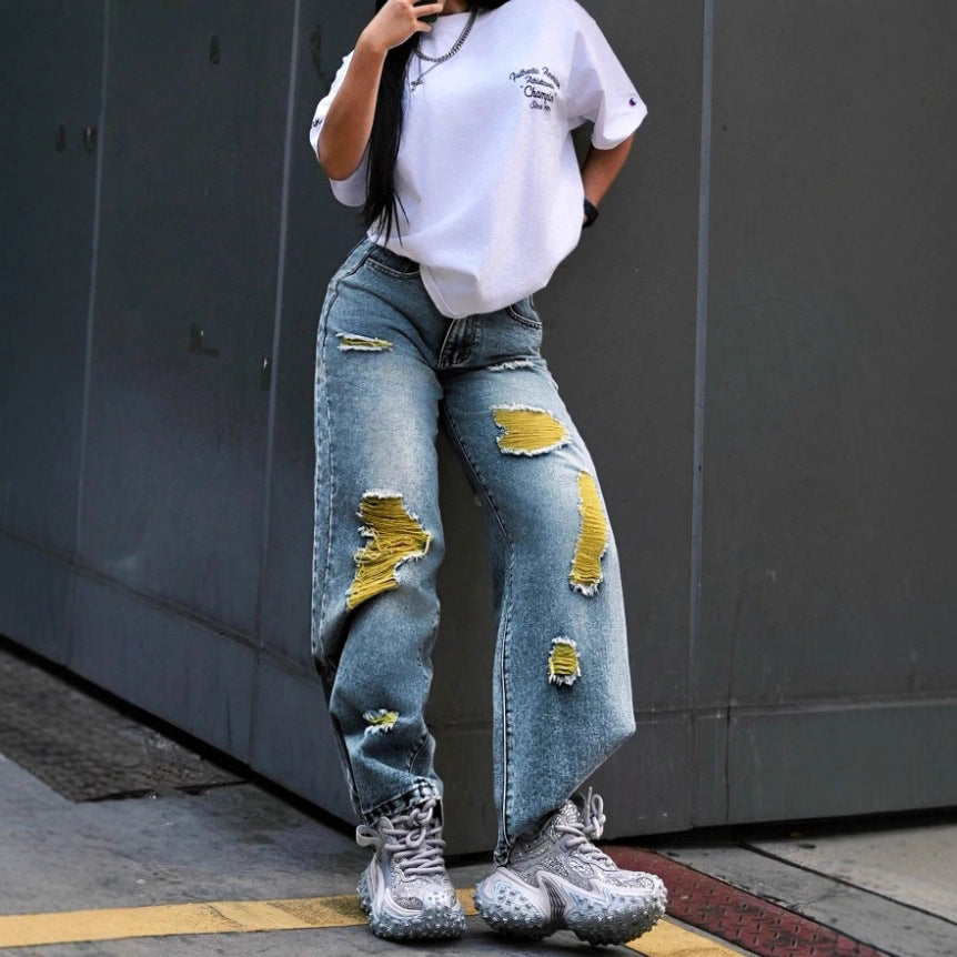 Women wide High-Waist jeans pants with destroyed details and contrasting lining Chichicherry