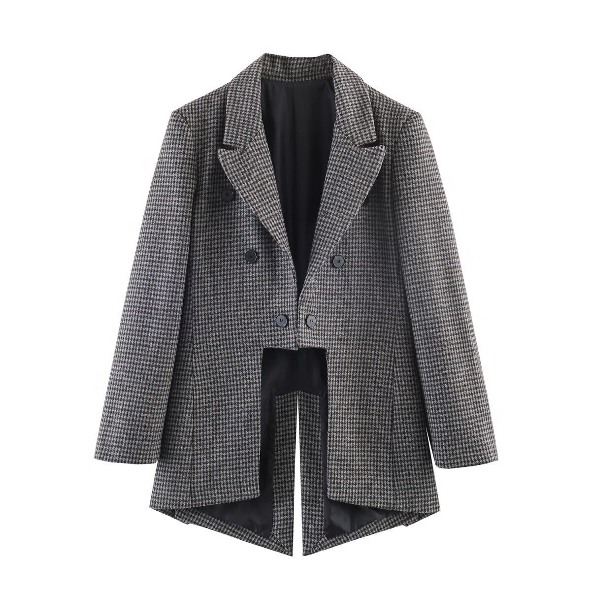 Women Double-breasted Houndstooth Blazer with Cutaway Hem and Vent Chichicherry
