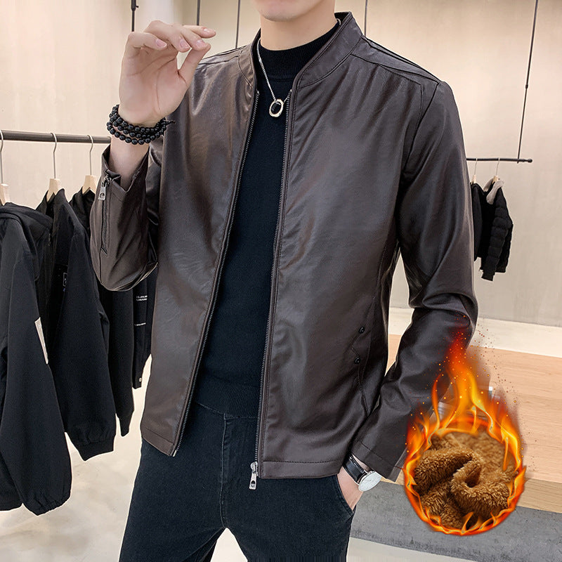 Men's slim-fit faux leather flight jacket with minimalist stand collar and concealed zip placket Chichicherry