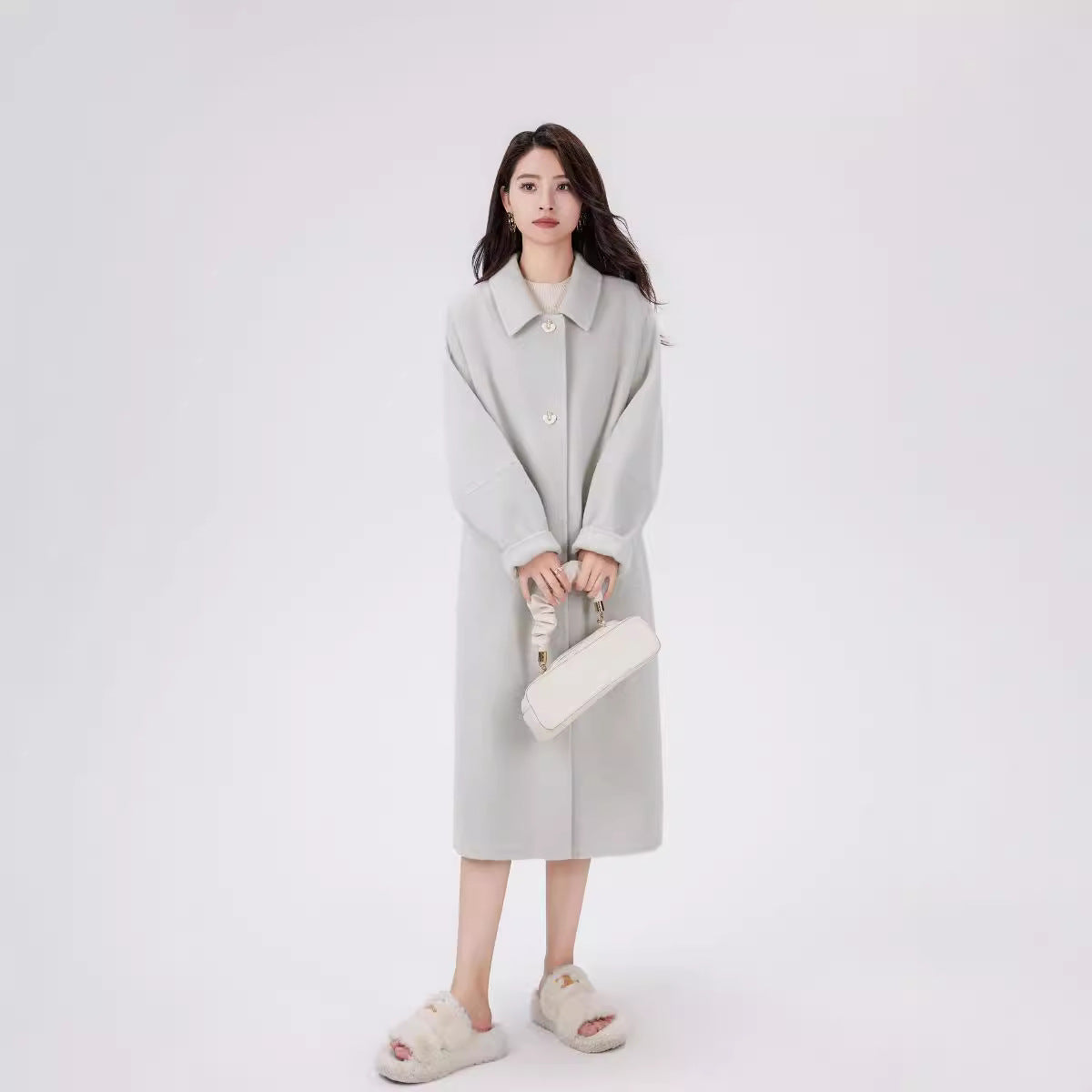 Women's Oversize Wool Cocoon Coat with Decorative Heart Buttons Chichicherry