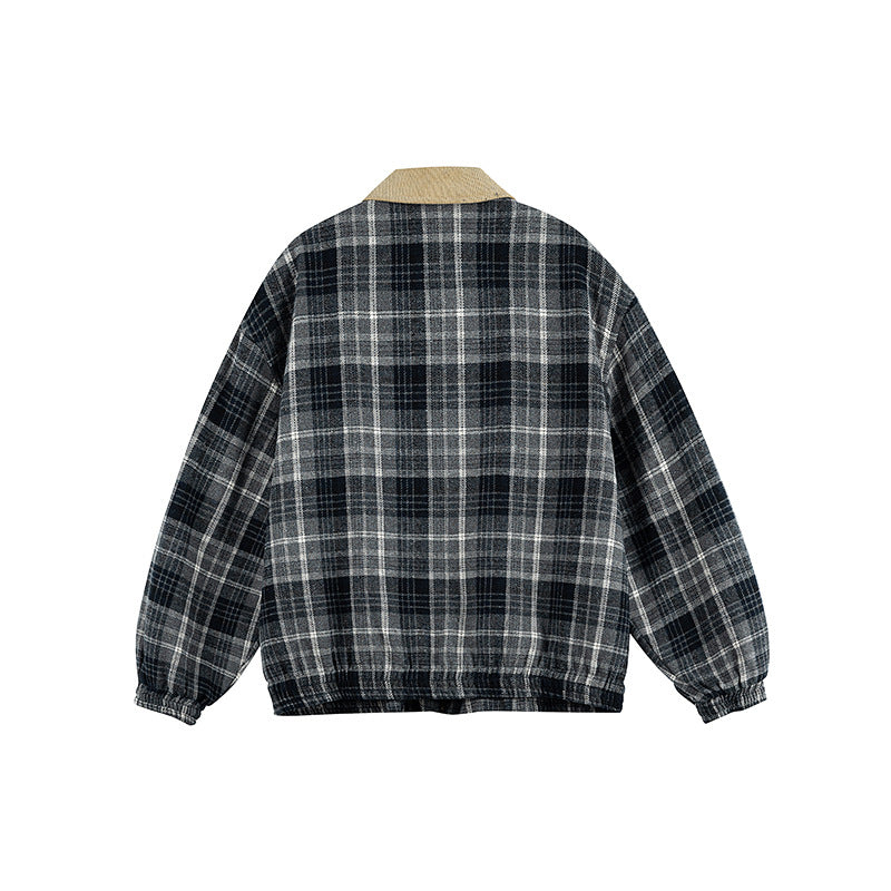 Unisex Checkered Boxy Over Shirt Jacket with Corduroy Collar, Concealed Zipper and Patch Flap Pockets Chichicherry