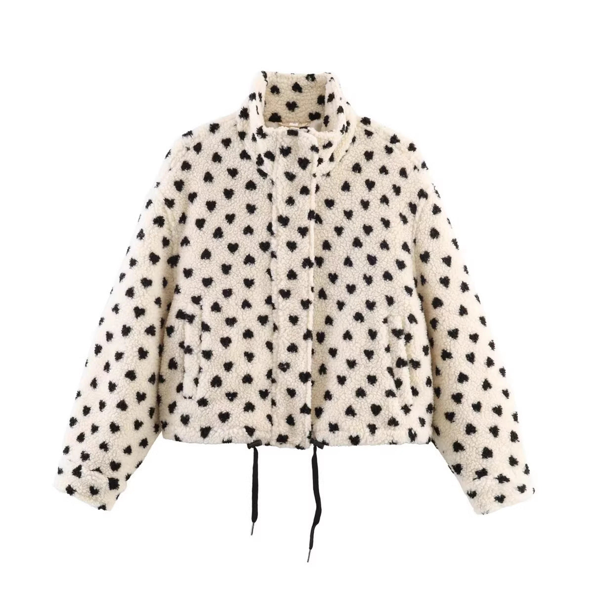 Women's Lined Teddy Jacket with Heart All-Over, Stand Collar and Drawstring Chichicherry
