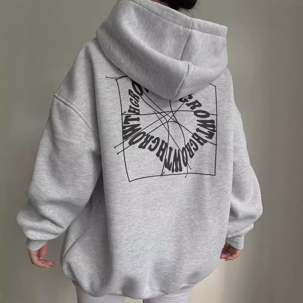 Damen Oversized Kapuzenpullover mit abstraktem Rückenprint und gerippten Bündchen Chichicherry