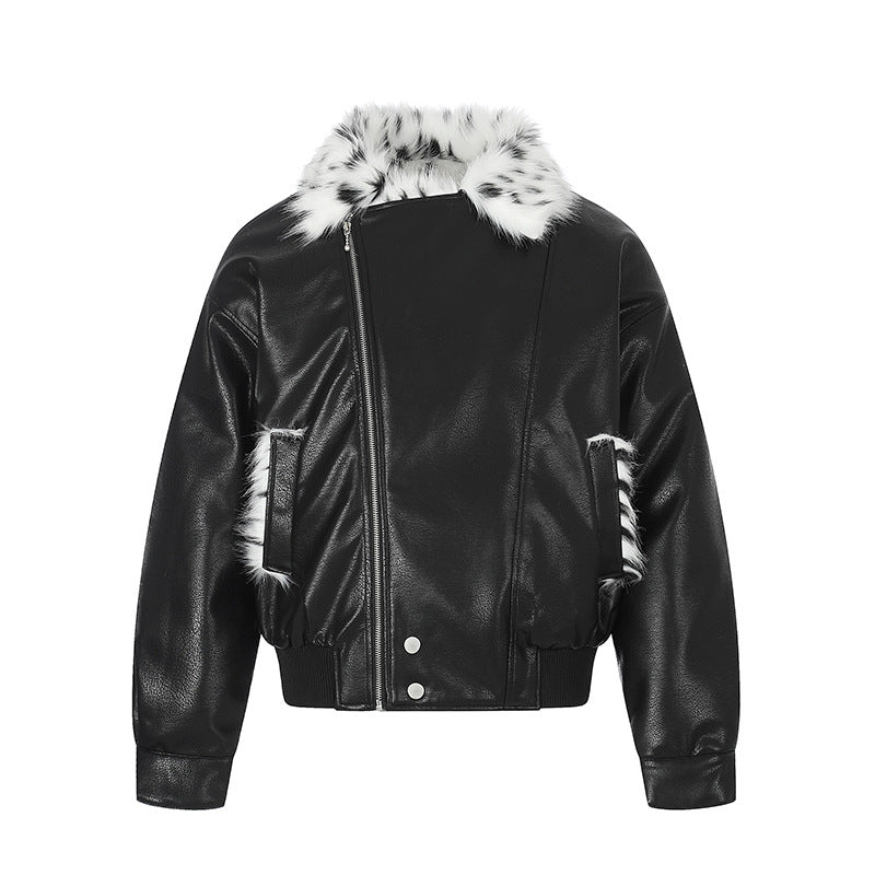 Ladies Faux Leather Bomber Jacket with Asymmetrical Zipper and Contrasting Faux Fur Collar Chichicherry