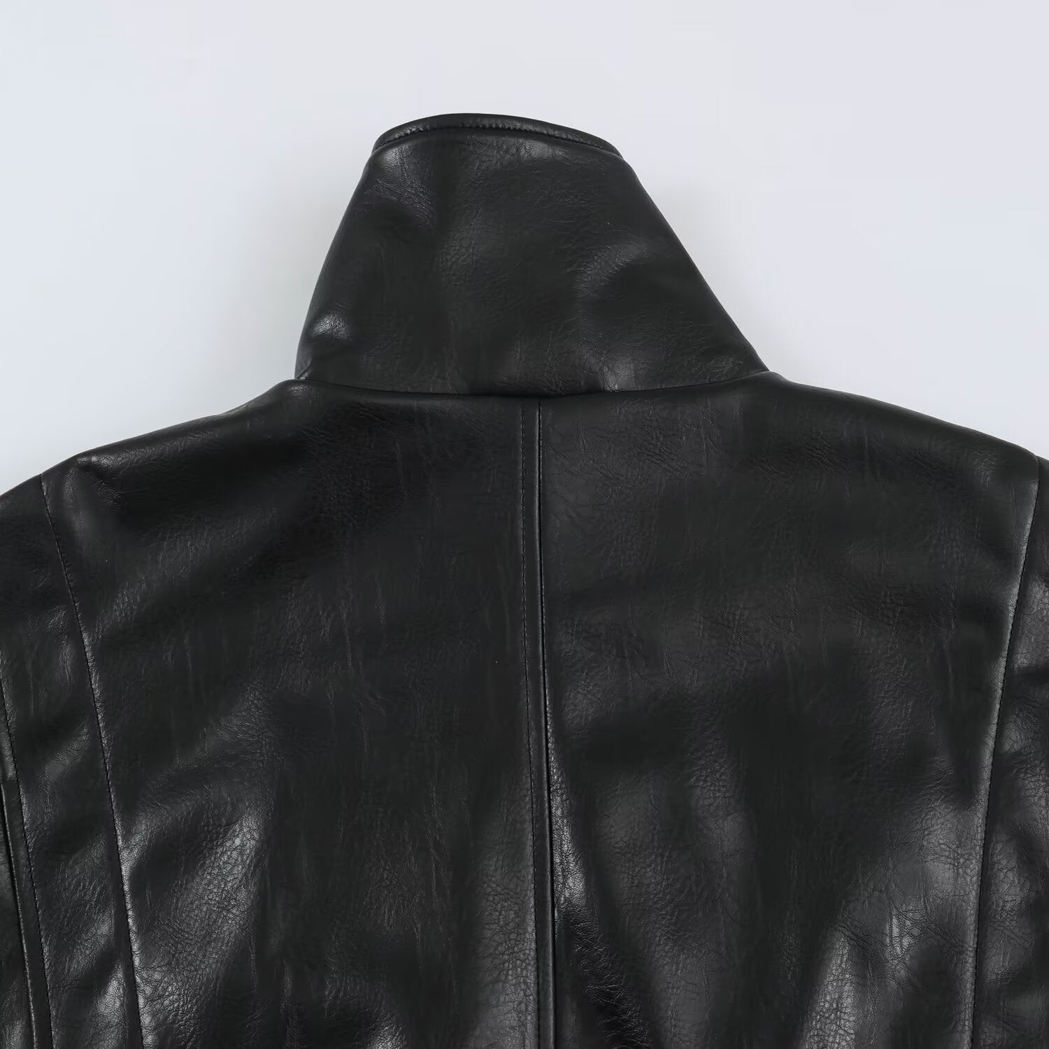 Women's Oversized Leather Look Blouson Jacket with Stand-up Collar and Elastic Hem Chichicherry