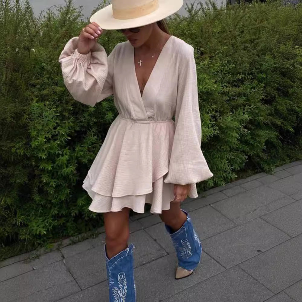 Damen Luftiges Wickelkleid mit Volantstufen und Ballonärmeln Chichicherry