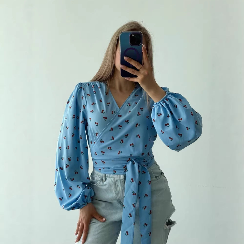 Women's wrap blouse with cherry print, wide puff sleeves & tie belt Chichicherry
