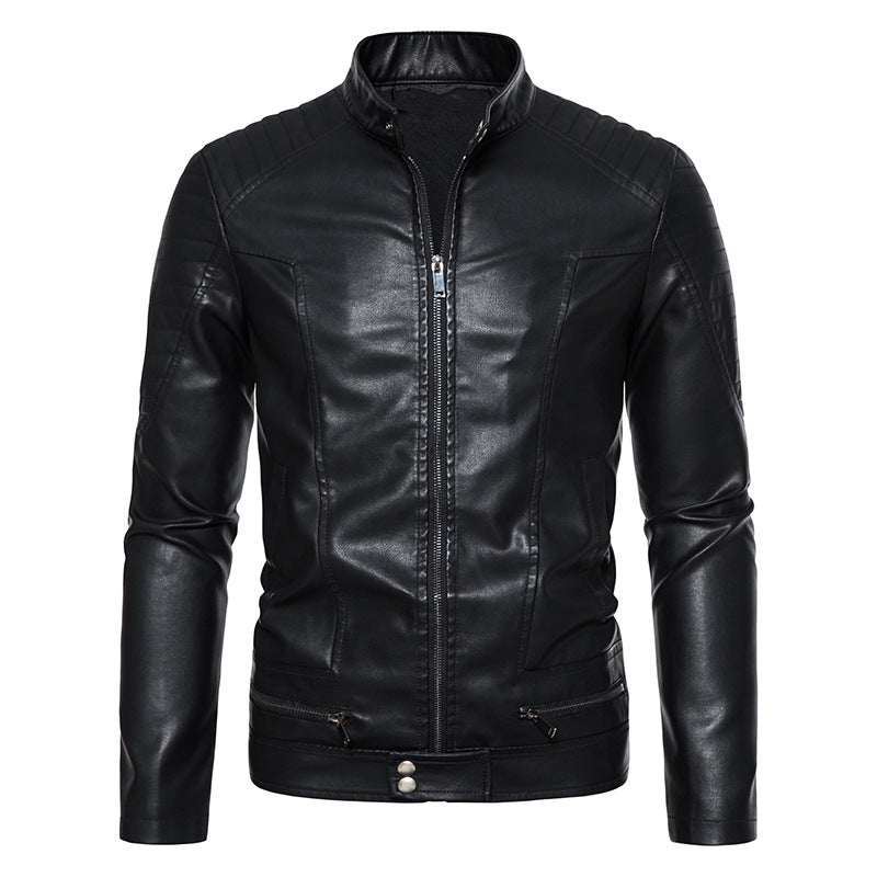 Men's Slim Biker Blouson Faux Leather Jacket with Stand Collar, Decorative Stitching and Zipper Pockets Chichicherry
