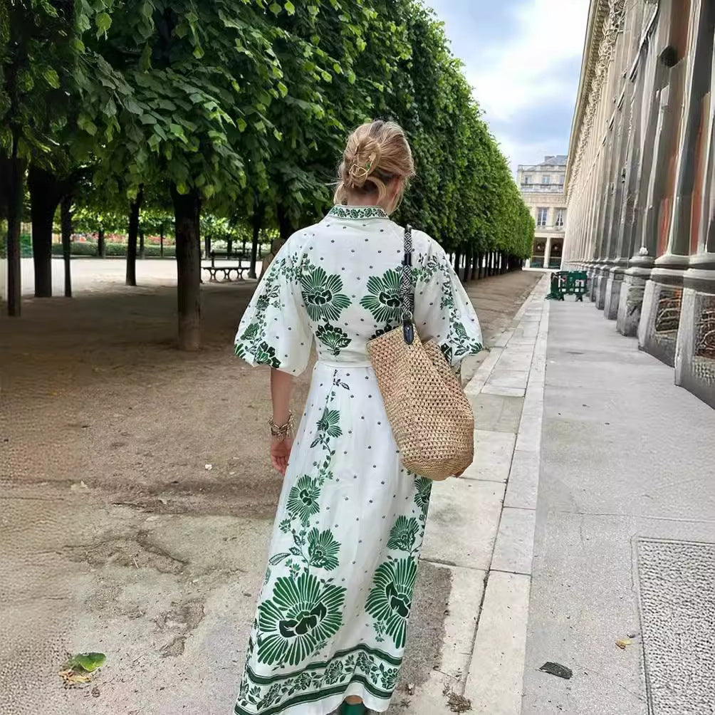 Women’s maxi dress in boho shirt style with stand-up collar and full button placket Chichicherry