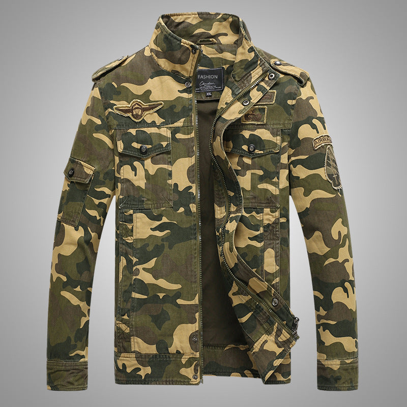 Men's camouflage field jacket made of durable canvas with epaulettes, multiple pockets and stand-up collar Chichicherry