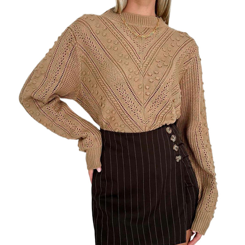 Women's Structured Openwork Knit Sweater with Bobble Pattern and Stand-Up Collar Chichicherry