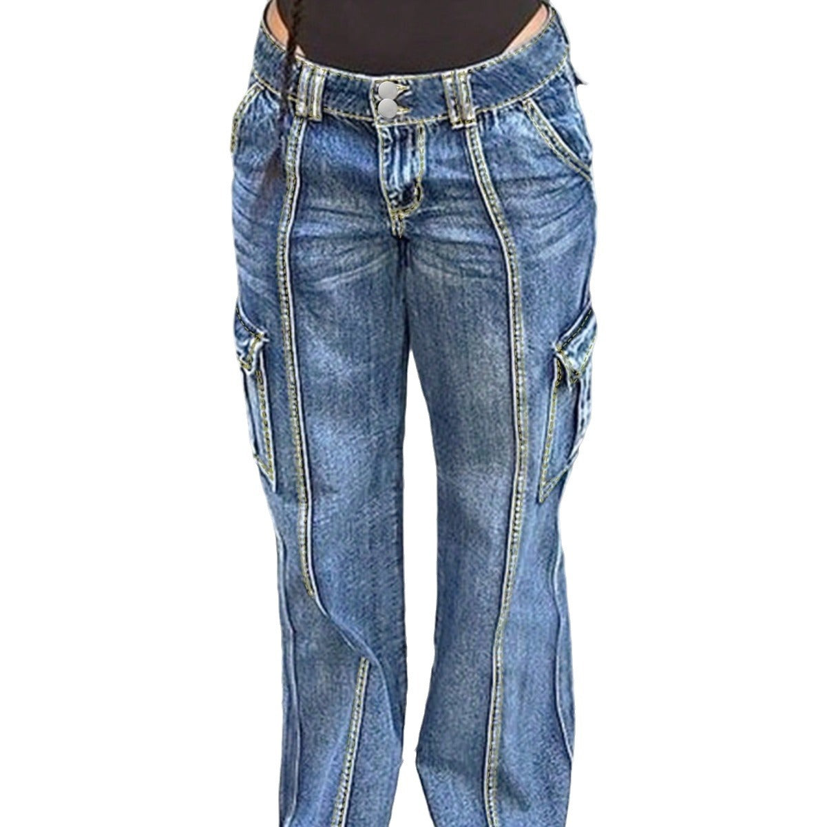 Women's high-waisted cargo jeans with vertical decorative seams and wide leg Chichicherry