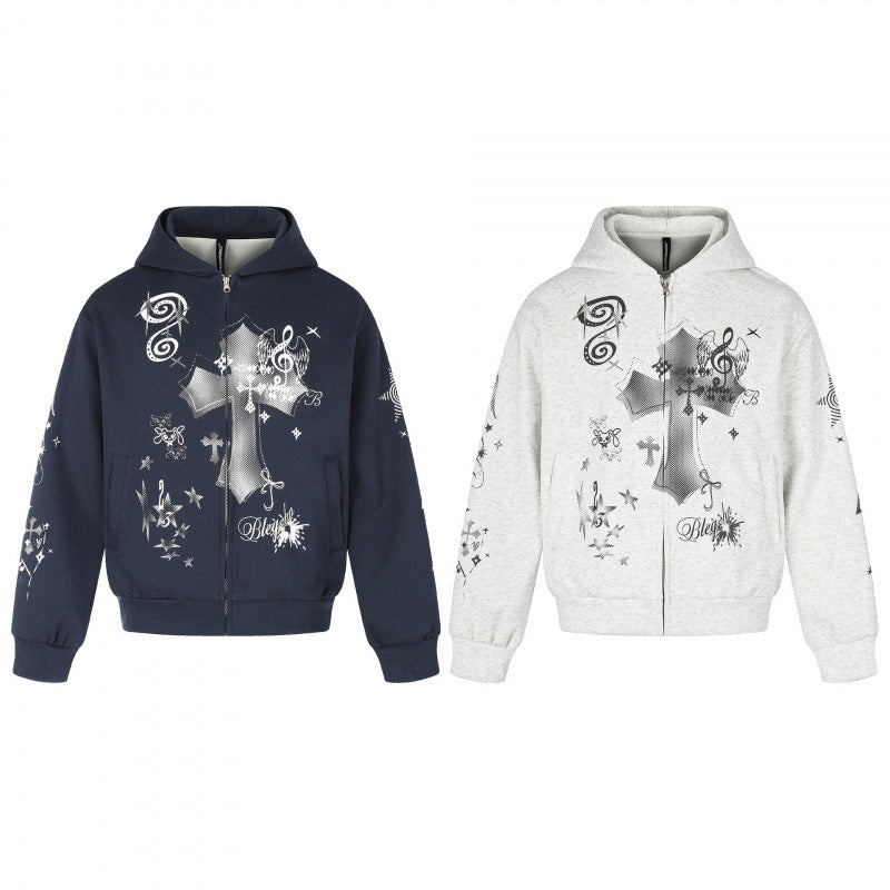 Unisex Oversized Hooded Zip Jacket with Allover Graphic Print, Zipper and Ribbed Hem Chichicherry
