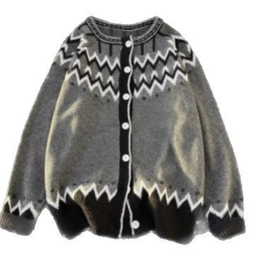 Damen Norweger-Cardigan im Oversize-Schnitt mit Rundhalsausschnitt und Kontrastknopfleiste Chichicherry