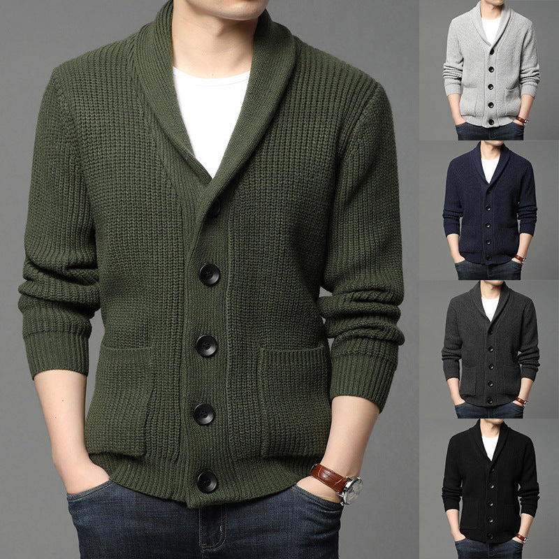 Men's chunky knit cardigan with shawl collar, patch pockets, and button placket Chichicherry