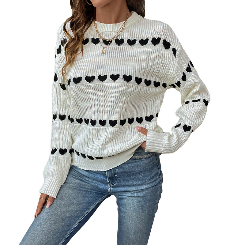 Women’s knit sweater with heart jacquard, round neckline, and casual oversized fit Chichicherry