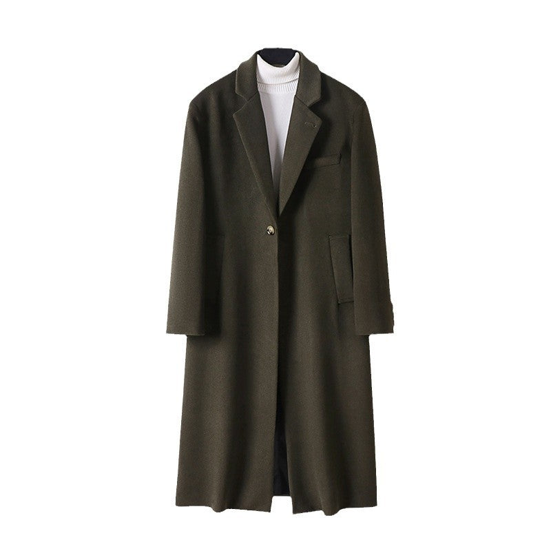 Men's Tailored Wool Blend Long Coat with Shawl Collar and One Button Closure Chichicherry