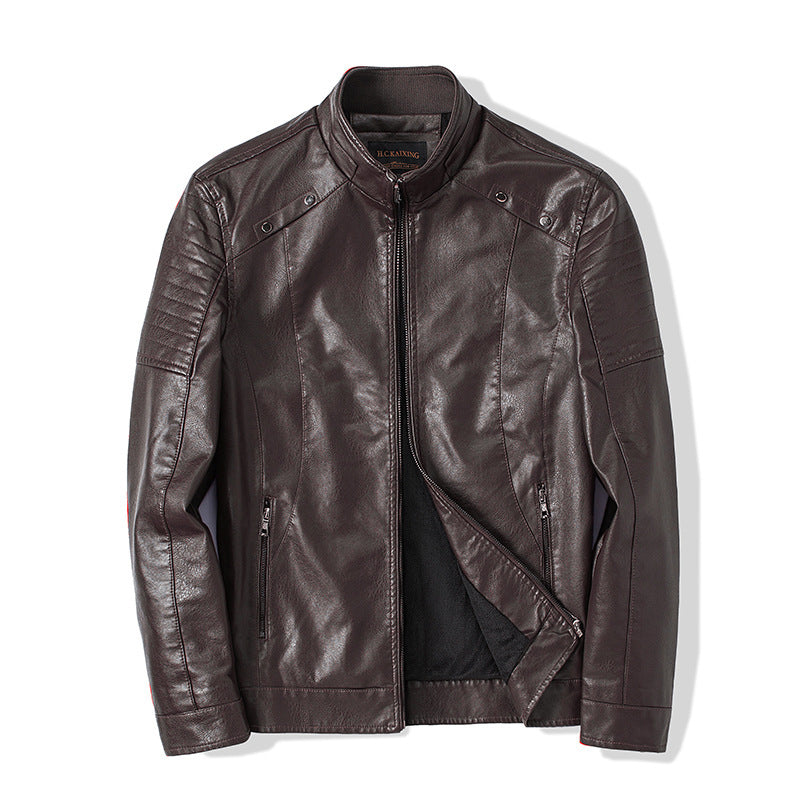 Men's Slim Faux Leather Moto Jacket with Ergonomic Seams and Stand Collar Chichicherry