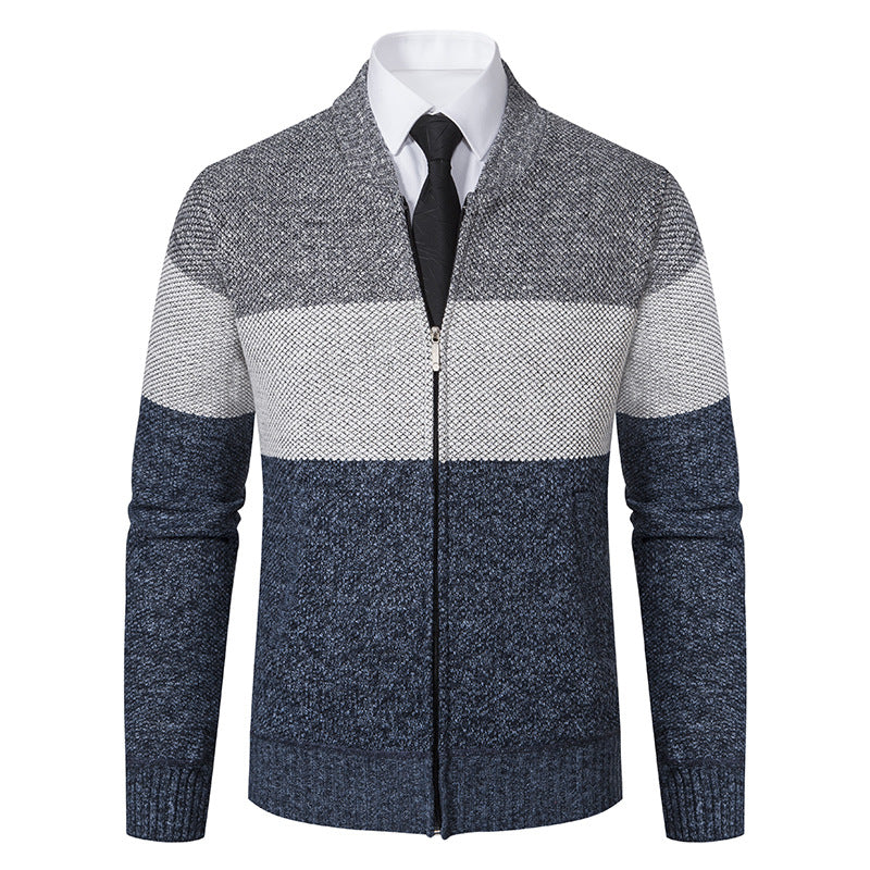 Men's Structured Block Stripe Cardigan with Front Zip, Stand Collar and Patch Pockets Chichicherry