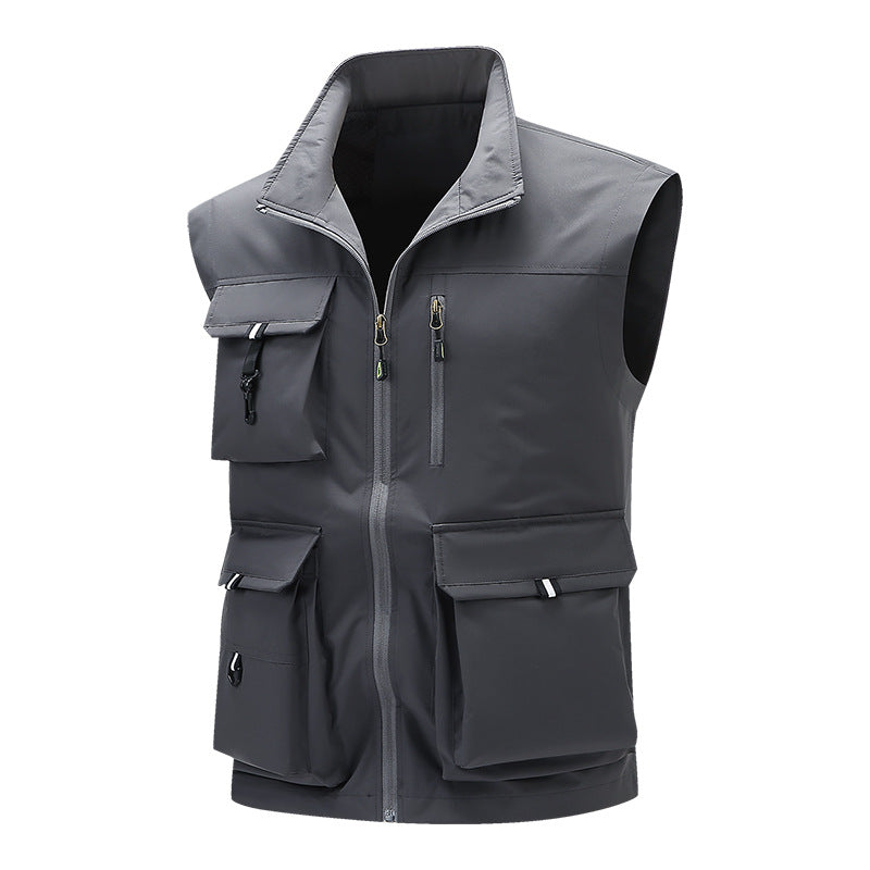 Men's Multifunctional Outdoor Utility Vest with Multiple Cargo Pockets and Stand Collar Chichicherry